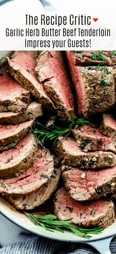 the recipe for garlic herb butter beef tenderloin is shown in a skillet