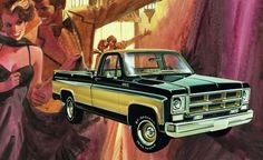 a painting of a woman standing next to a pickup truck in front of a man