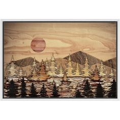 a painting on wood with trees and mountains in the foreground, an orange sun above it