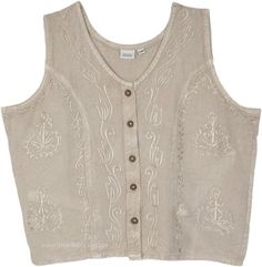 A pixie yet casual aesthetic embroidered sleeveless collarless neck shirt top. With its soft rayon material and sleeveless style, the top is perfect for the summertime. #tlb #Embroidered #Misses #vintagetop #renaissancetop #oldstyletop Summer Cotton Embroidered Tank Top, Summer Embroidered Cotton Tank Top, Casual Embroidered Top For Vacation, Casual Embroidered Tank Top For Summer, Casual Embroidered Sleeveless Vest, Casual Embroidered Summer Beach Top, Embroidered Sleeveless Bohemian Top, Bohemian Embroidered Sleeveless Tops, Bohemian Sleeveless Embroidered Top For Summer