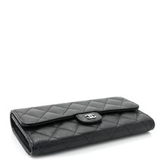 This is an authentic CHANEL Caviar Quilted Large Gusset Flap Wallet in Black. This chic clutch wallet is crafted of diamond quilted caviar leather in black. The wallet features a front flap with a small polished silver Chanel CC logo. This opens with a snap to a partitioned burgundy leather and fabric interior with card slots, patch pockets, and a zipper compartment. Cute Wallets, Chanel Caviar, Chanel Wallet, Diamond Quilt, Cc Logo, Clutch Wallet, Patch Pocket, Card Slots, Slots