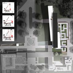 an aerial view of a building and its surrounding area, with several diagrams on it