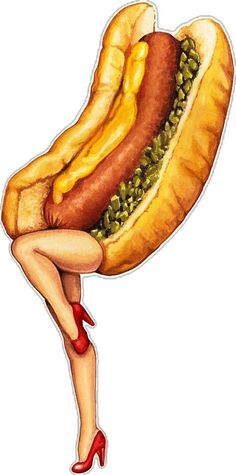 a drawing of a hot dog with mustard and ketchup on it's bun