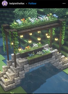 an artistic rendering of a stone bridge with flowers and plants on it