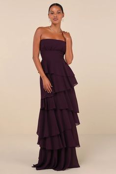 Dark Purple Tiered Dress - Strapless Maxi Dress - Purple Gown - Lulus Plum And Green Bridesmaid Dresses, Chiffon Wedding Guest Dress, Long Winter Dresses Formal, Purple Black Tie Dress, Purple Dress Maxi, Dark Purple Wedding Guest Dress, Deep Purple Formal Dress, Ball Room Dresses Gowns, Dark Plum Dress