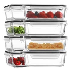 plastic containers filled with food and vegetables on top of each other in front of a white background