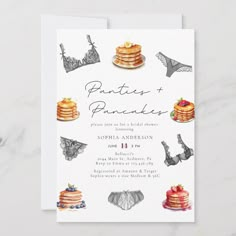 This elegant bridal shower invitation is perfect for brunch and lingerie themed bridal showers. It has a handwritten script "Panties and Pancakes" title and watercolor illustrations of pancakes and black lingerie. Lingerie Shower Themes, Themed Bridal Showers, Lingerie Shower Ideas, Bridal Shower Game Ideas, Wine Bridal Shower Invitations, Brunch And Bubbly Invitations, Bachelorette Vibes, Lingerie Illustration, Appeal Letter