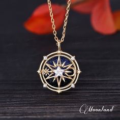 Vintage Blue Sandstone Pendant Yellow Gold Compass Necklace - Etsy Fantasy Pendant Necklace, Gold Pendant Necklace In Fantasy Style, Mystical Pendant Necklace, Mystical Gold Pendant Necklace, Celestial Sun Design Pendant Necklace, Magical Necklace, Gold Compass Necklace