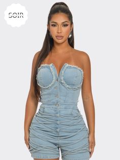 Edgy Elegance Frayed Denim Romper - Soirées Boutique Fitted Corset Dress For Club In Spring, Trendy Denim Dress For Club In Summer, Trendy Fitted Corset Dress For Spring, Spring Trendy Fitted Corset Dress, Fitted Blue Denim Corset Dress, Fitted Denim Summer Dress For Club, Fitted Denim Club Dress For Summer, Fitted Denim Dress For Club In Summer, Fitted Denim Dress For Summer Club