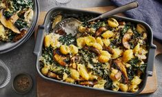 a casserole dish filled with pasta and mushrooms