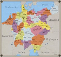 a large map of germany with all the major cities and towns on it's borders