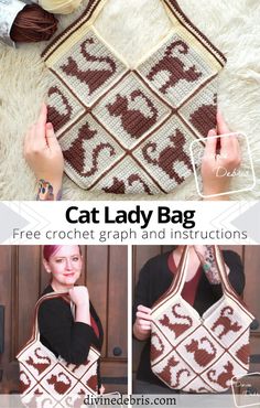 the cat lady bag crochet pattern is shown with instructions to make it look like an