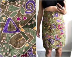 It's a Vintage 80s blanket textured embroidered colorful skirt. Extra high waisted. Not stretchy fabric. Zipper closure. Pencil design. Lined. Size: S or M. Material: Cotton. Great vintage condition. Model's height: 5'8 / 178 cm / Size S. MEASUREMENTS: Waist doubled: 28 inch / 72 cm. Hips doubled: 36 inch / 94 cm. Length: 23 inch / 58 cm. Worldwide shipping. Shipping takes to: USA 7-14 days.  EU 3-5 days. Others countries 7-14 days. Vintage Stretch Skirt For Summer, Vintage Summer Party Mini Skirt, Green Vintage Mini Skirt, Vintage Green Mini Skirt, Multicolor Relaxed Vintage Skirt, Vintage Multicolor Lined Skirt, Vintage Multicolor Relaxed Skirt, Colorful Skirt, Colorful Skirts