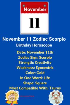 the zodiac sign for november 11 is displayed in front of a blue background with other zodiac symbols