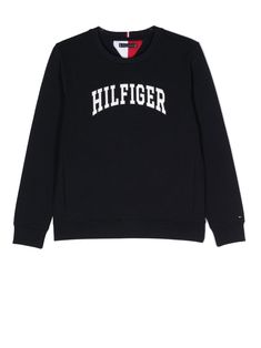 logo-print long-sleeve sweatshirt from TOMMY HILFIGER JUNIOR featuring navy blue, stretch-cotton, logo print to the front, crew neck, long sleeves and straight hem. Varsity Crewneck, Logo Azul, Classic American Style, Kenzo Kids, Boys Hoodies, Stella Mccartney Kids, Long Sleeve Sweatshirts, Swimwear Tops, Logo Print