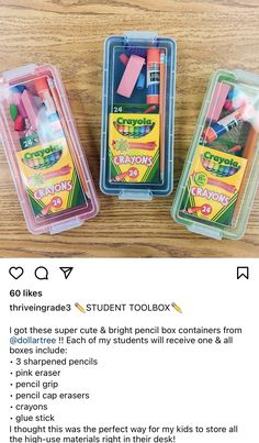 three different types of pencils in plastic containers on a table with instructions for how to use them