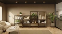 a living room filled with white furniture and lots of greenery on top of shelves