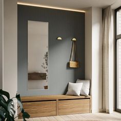 a wooden bench sitting in front of a mirror on top of a window sill