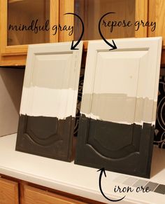 the kitchen cabinets are being painted white and brown with different colors on them, along with instructions for how to paint them