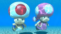 two nintendo wii game characters floating in the water with their heads turned to look like they are looking at each other