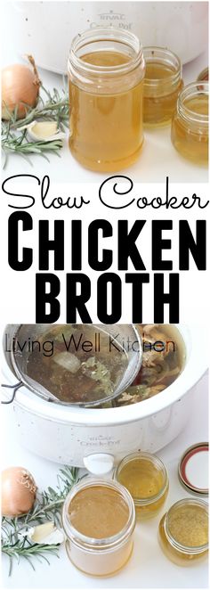 slow cooker chicken broth recipe in a white casserole dish with ingredients around it