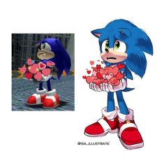 sonic the hedgehog holding flowers next to an image of her heart - shaped bouquet