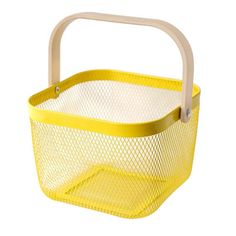 a yellow plastic basket with handles on a white background