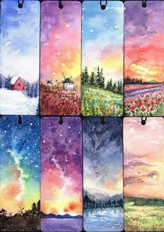 six watercolor paintings of the sky, flowers and trees in different stages of creation