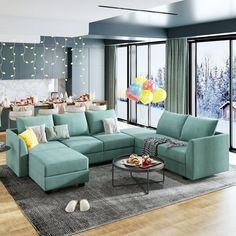 a living room filled with furniture and balloons