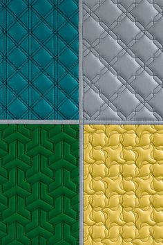 four different colors of quilts are shown in the same pattern, each with an interesting design