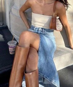 Midi Jean Skirt, Looks Jeans, Looks Pinterest, High Waisted Denim Skirt, Nashville Outfits, 가을 패션, Looks Style