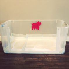 a plastic container with a red pig on it