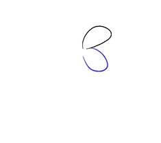 the letter b is drawn in blue ink on a white paper with a black outline