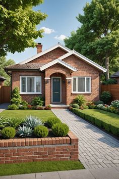 a small brick house with landscaping around it