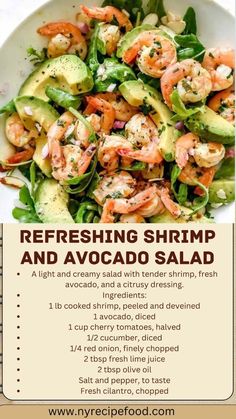 shrimp and avocado salad recipe on a white plate with the words refreshing shrimp and avocado salad