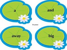 four green leaves with white flowers on them and the words'a, b, and c