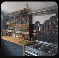 Apothecary Style Kitchen Cabinets, Cottage Goth Kitchen, Colorful Kitchen Remodel, Dark Cottagecore House Decor, Bright Moody Kitchen, Modern Witchy Kitchen, Cozy Maximalism Kitchen, Hippy Farmhouse, Modern Goth Kitchen