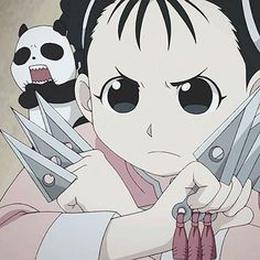 an anime character holding two knives in front of her face with a panda on the background