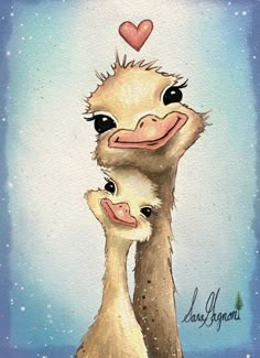 two ostriches are hugging each other in front of a blue sky with stars