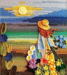 a crocheted painting of a woman with flowers