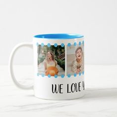 two mugs with the same photo on them, one is blue and the other is white