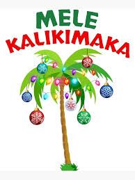 a palm tree with ornaments hanging from it's trunk and the words mele kalikmaka above it