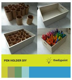 there are many different types of pencils in the box and on the table with them