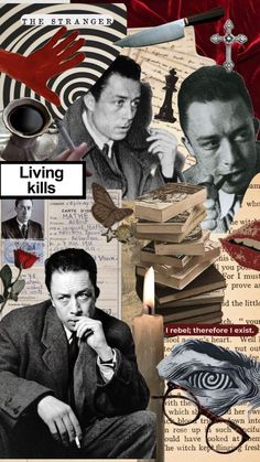 a collage of photos with words and pictures on them, including a man in a suit