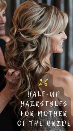 Elevate your look with a timeless half-up hairstyle! Click to browse through 26 chic options perfect for the mother of the bride. Find the style that best suits you and the wedding theme! 🍾👩‍🦳🕊️ #TimelessHairstyles #WeddingChic #MotherOfTheBrideLooks #HairStyleTips #WeddingGlamour Mother Of Bride Wedding Hairstyles, Fancy Hairstyles For Long Hair Half Up, Mob Half Up Hairstyles, Mother Of Bride Half Up Half Down, Half Updo Mother Of The Bride, Mother Of The Groom Hair Down, Wedding Hairstyles For Long Hair Mother Of The Groom, Side Hairstyles Wedding Guest, Half Up Mother Of The Groom Hair