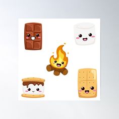 some cute cartoon food items on a white background poster by pixelpixe studios