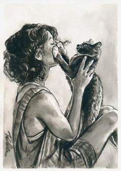 a drawing of a woman holding a cat in her hands and looking up at the sky