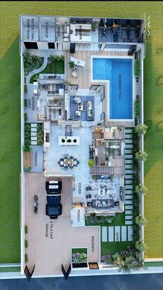 an aerial view of a house with a swimming pool