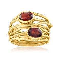 Ross-Simons - 1.60 ct. t. w. Garnet Highway Ring in 18kt Gold Over Sterling. Size 7. Polish off your ensembles with this ultra-chic statement! Crafted in polished 18kt yellow gold over sterling silver, this organic multi-row ring is adorned with 1.60 ct. t. w. oval garnets. 5/8" wide. Garnet multi-row ring. Garnet birthstones are the perfect gift for January birthdays. Fine Jewelry Yellow Gold Garnet Ring, Statement Garnet Ring, Yellow Gold Garnet Ring Fine Jewelry, Gold Garnet Multi-stone Ring, Gold Garnet Rings With Cabochon, Italian Gold Jewelry, Pearl Bracelet Gold, Mixed Metal Rings, Garnet Birthstone