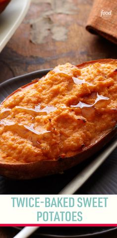 baked sweet potatoes on a plate with text overlay